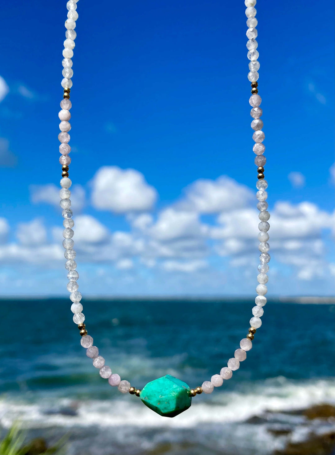 Moonstone, Kunzite & Chrysocolla Gold Necklace