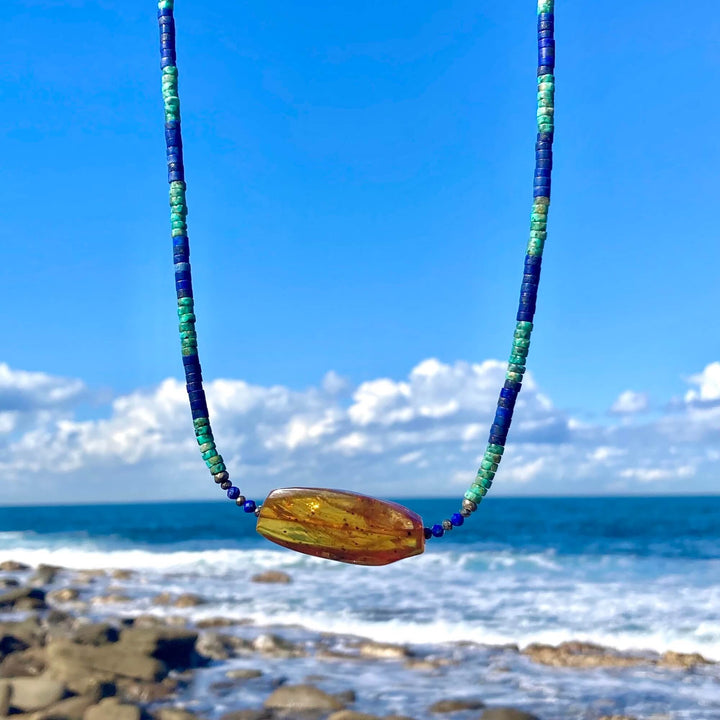 African Turquoise, Amber & Lapis Lazuli Necklace