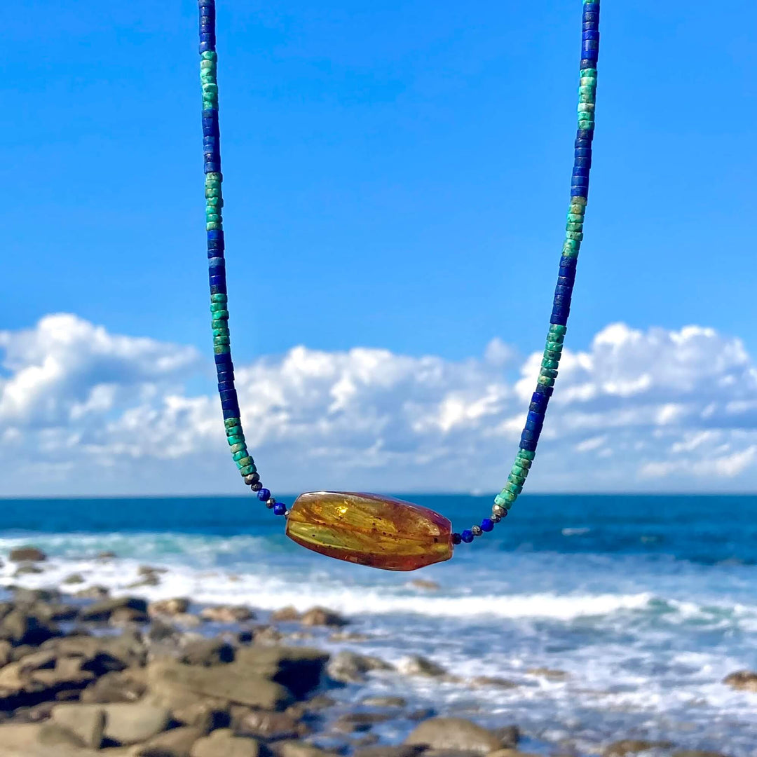 African Turquoise, Amber & Lapis Lazuli Necklace