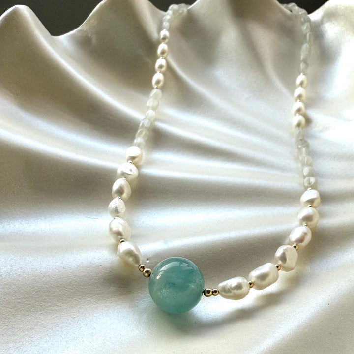 One Of A Kind Atlantis Aquamarine, Moonstone & Pearl Gold Necklace