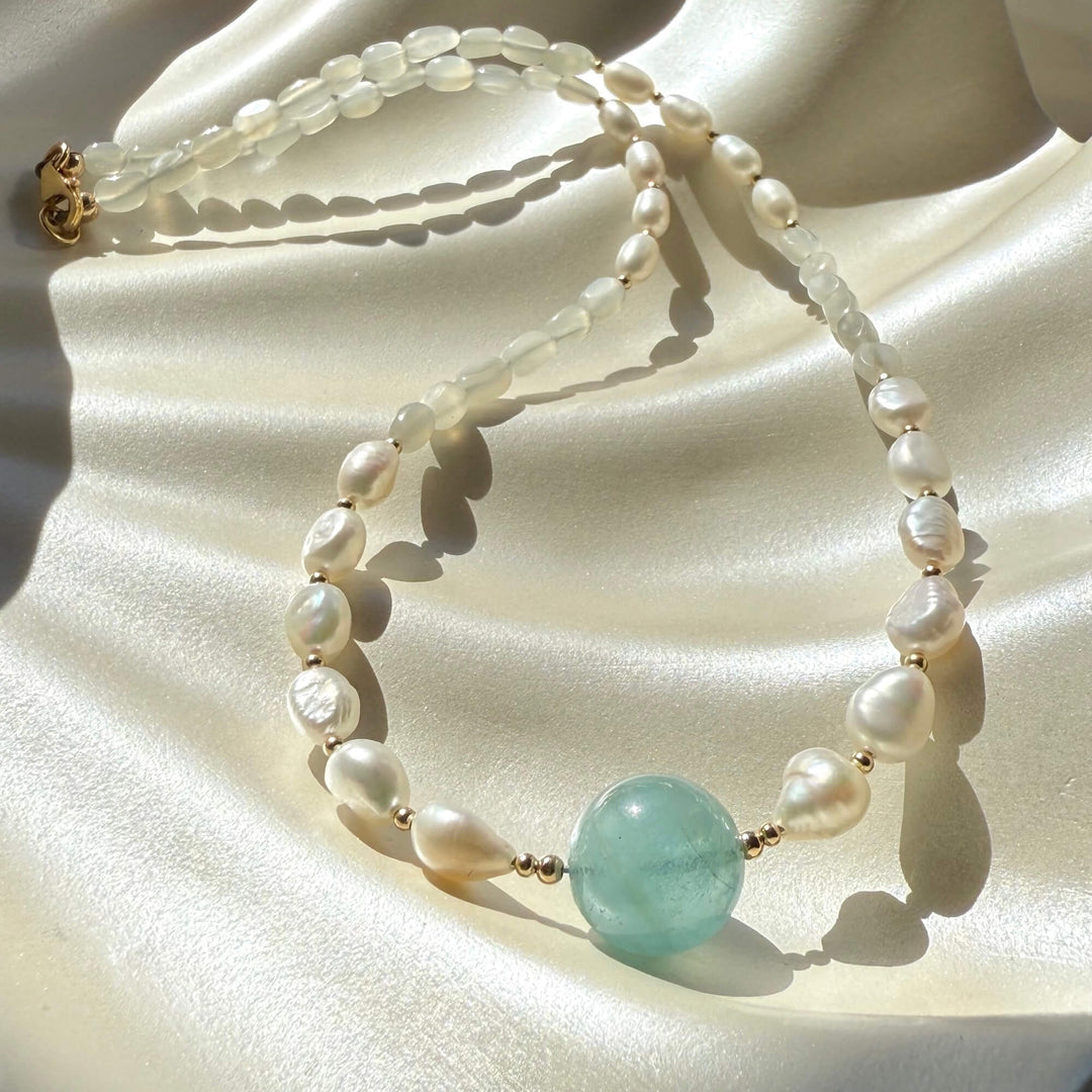 One Of A Kind Atlantis Aquamarine, Moonstone & Pearl Gold Necklace
