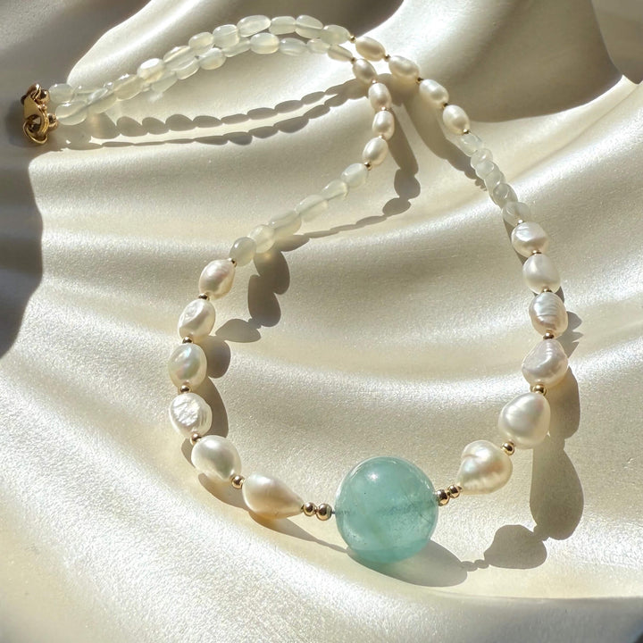 One Of A Kind Atlantis Aquamarine, Moonstone & Pearl Gold Necklace