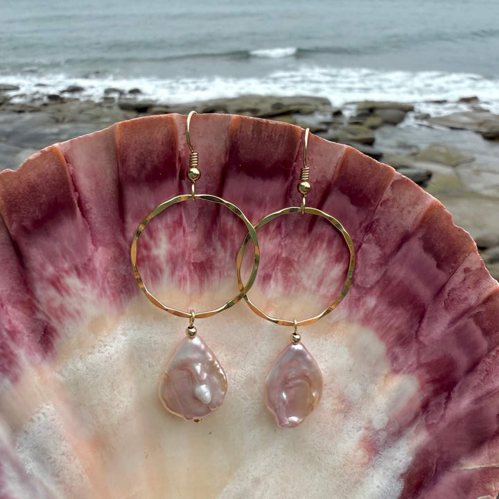 Golden Tear Drop Pearl Hoop Earrings