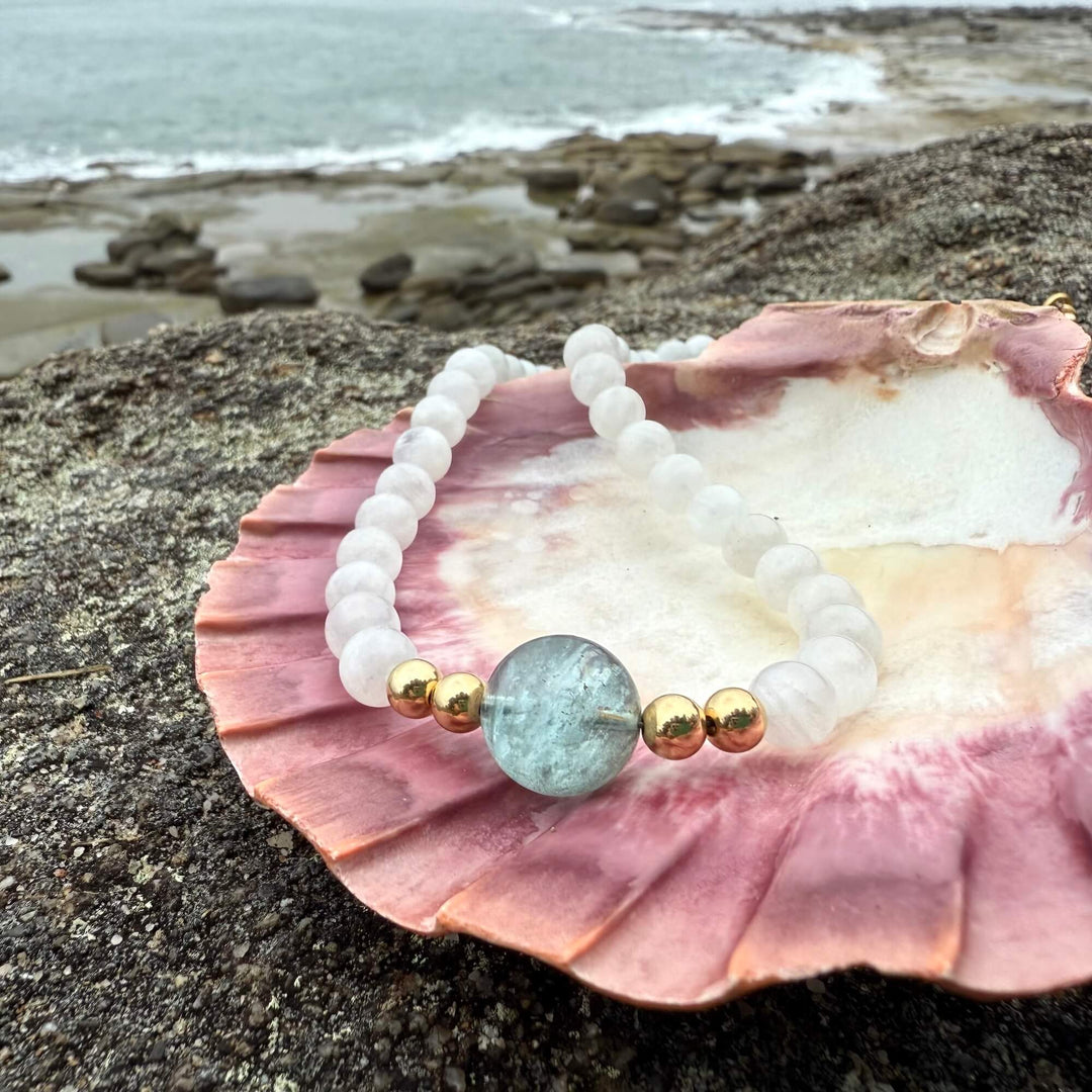 One Of A Kind Atlantis Aquamarine & Moonstone Gold Necklace