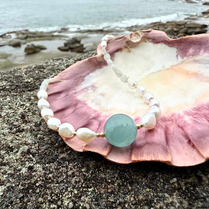 One Of A Kind Atlantis Aquamarine, Moonstone & Pearl Gold Necklace