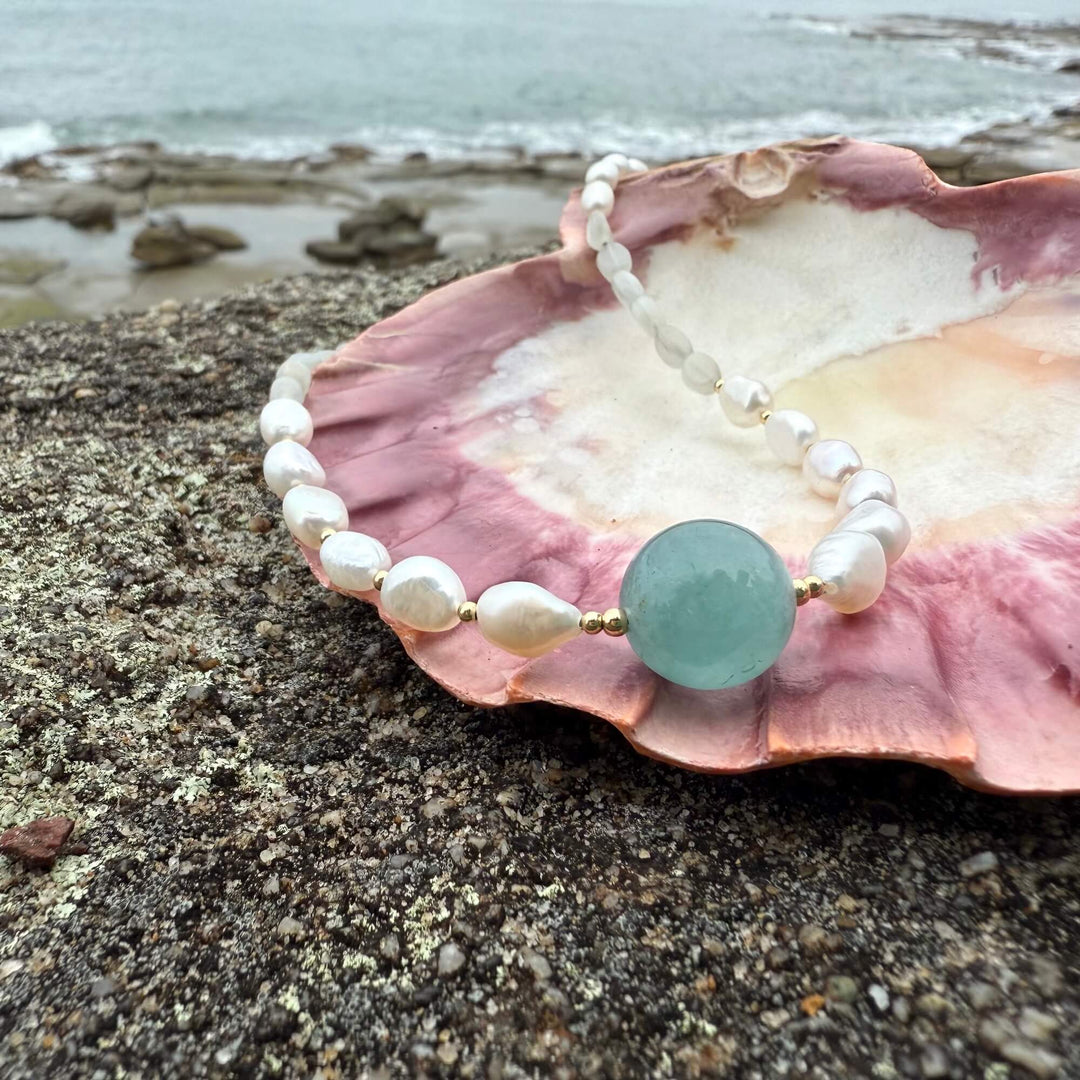 One Of A Kind Atlantis Aquamarine, Moonstone & Pearl Gold Necklace