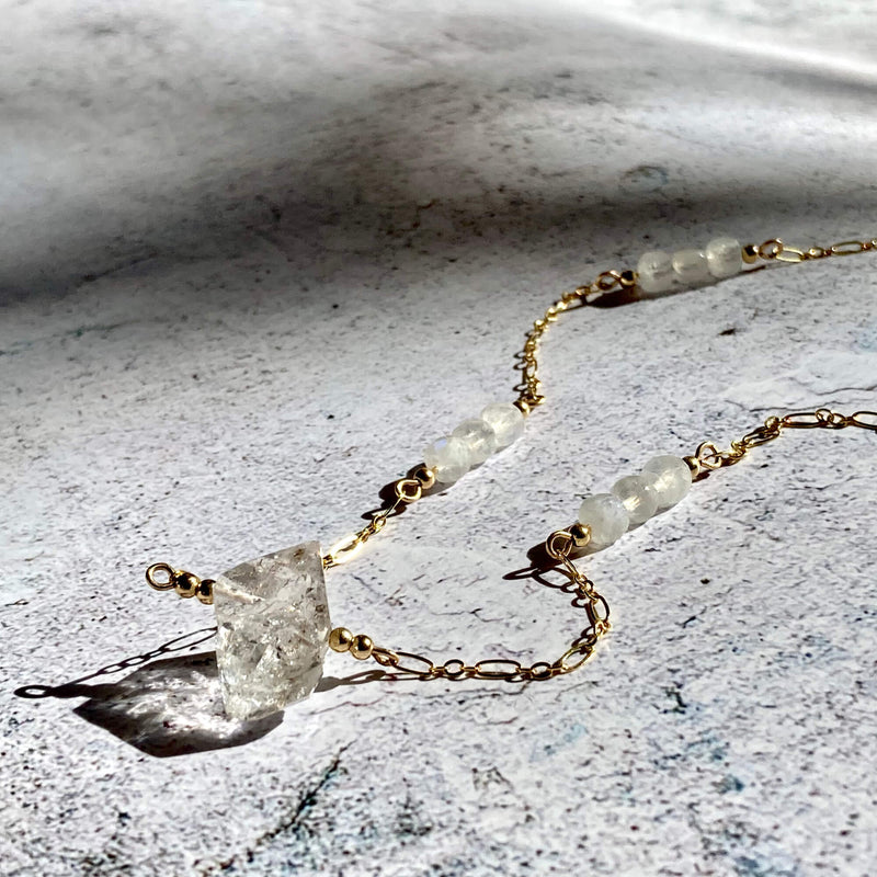 Golden Herkimer Diamond and Moonstone Chain Necklace