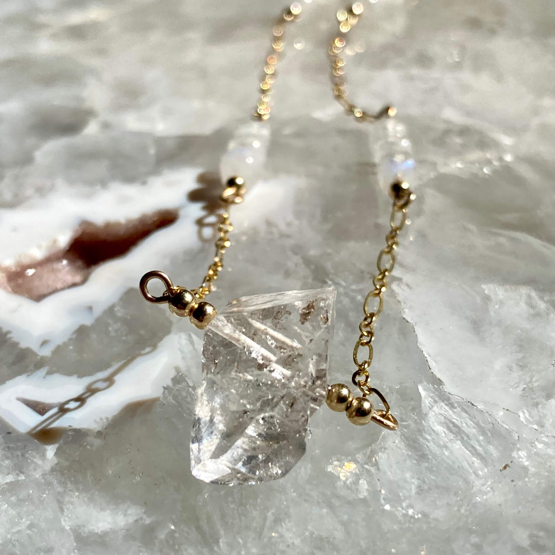 Golden Herkimer Diamond and Moonstone Chain Necklace