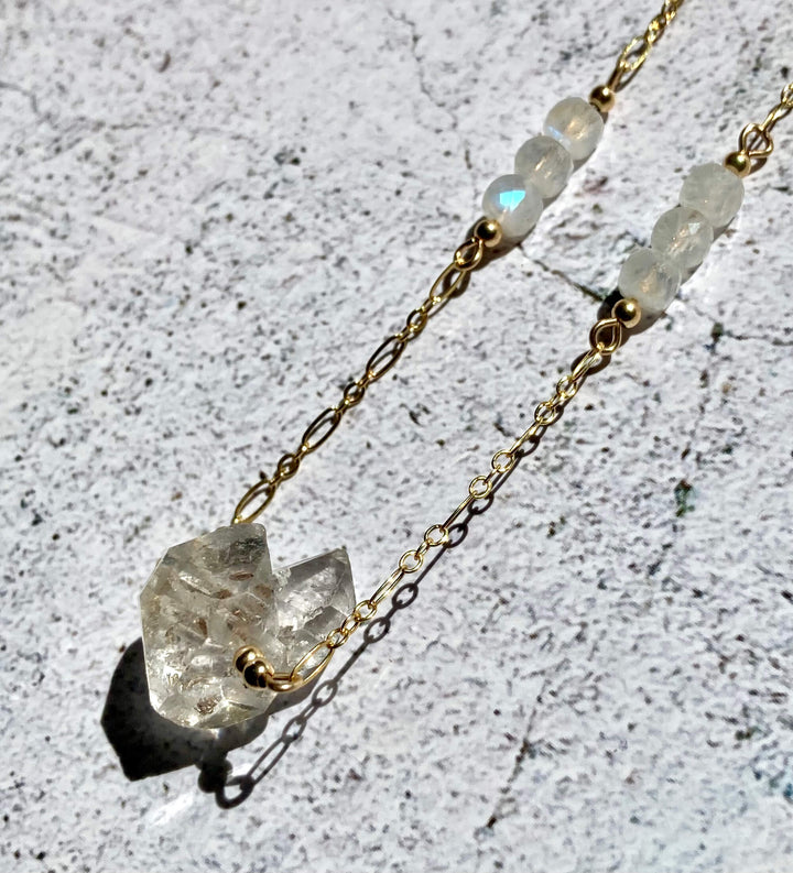 Golden Herkimer Diamond and Moonstone Chain Necklace