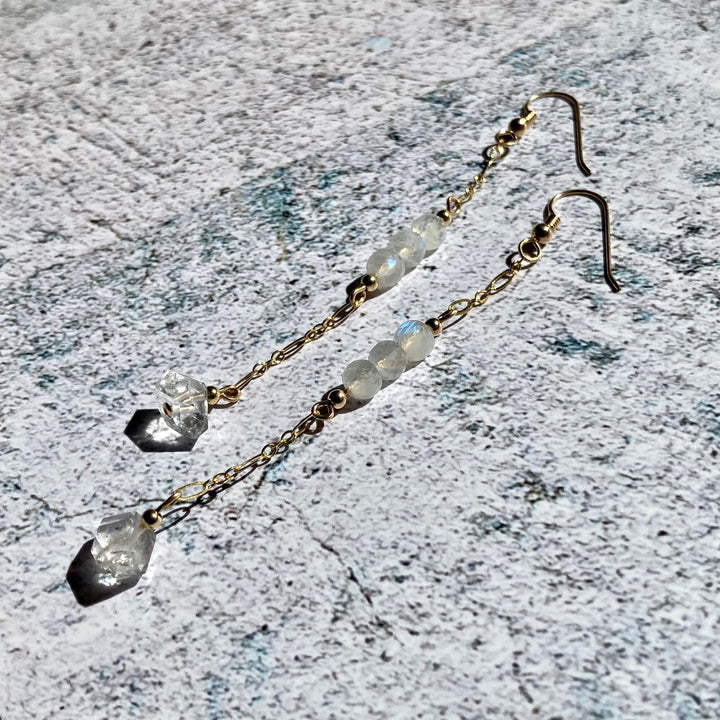 Golden Herkimer Diamond and Moonstone Chain Earrings