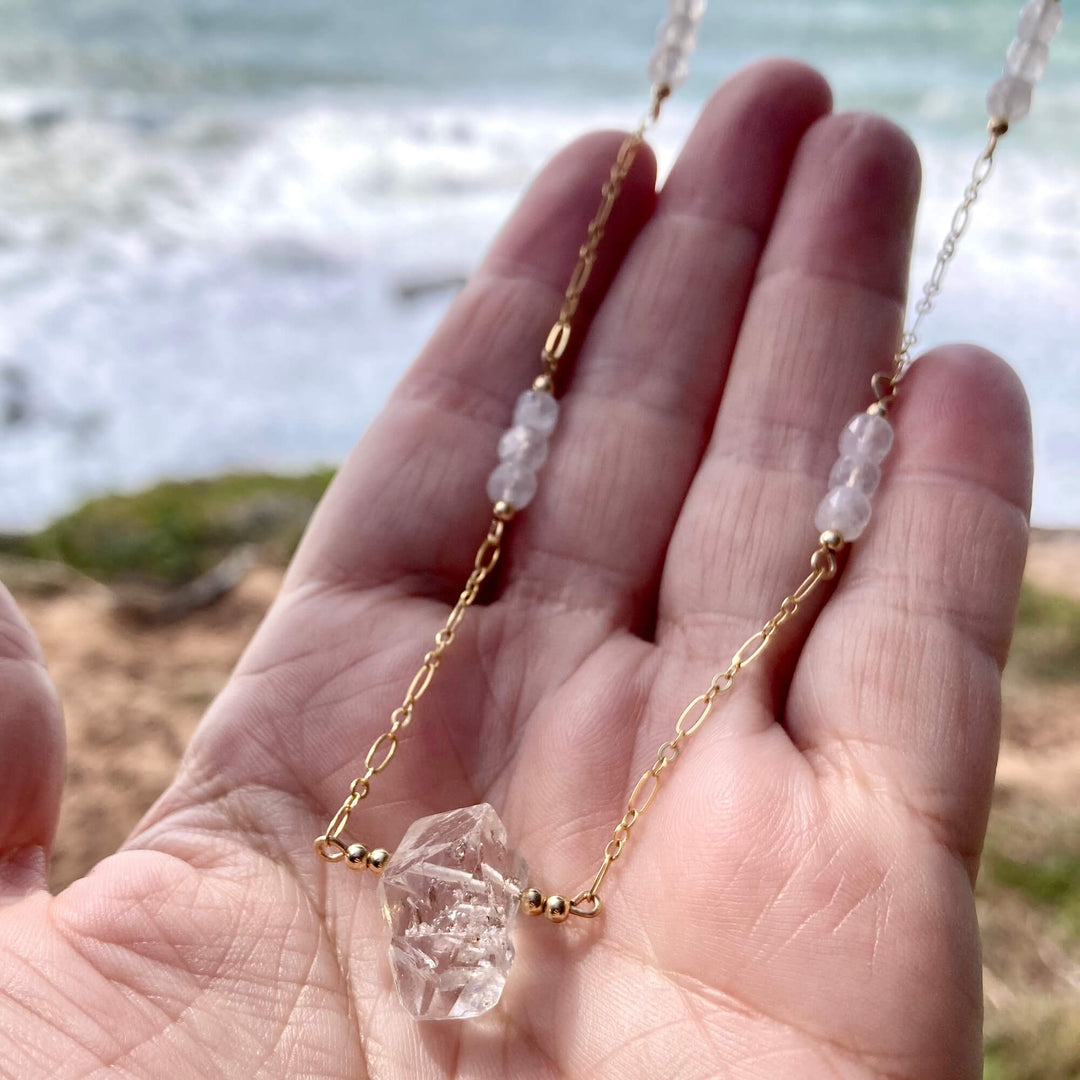 Golden Herkimer Diamond and Moonstone Chain Necklace