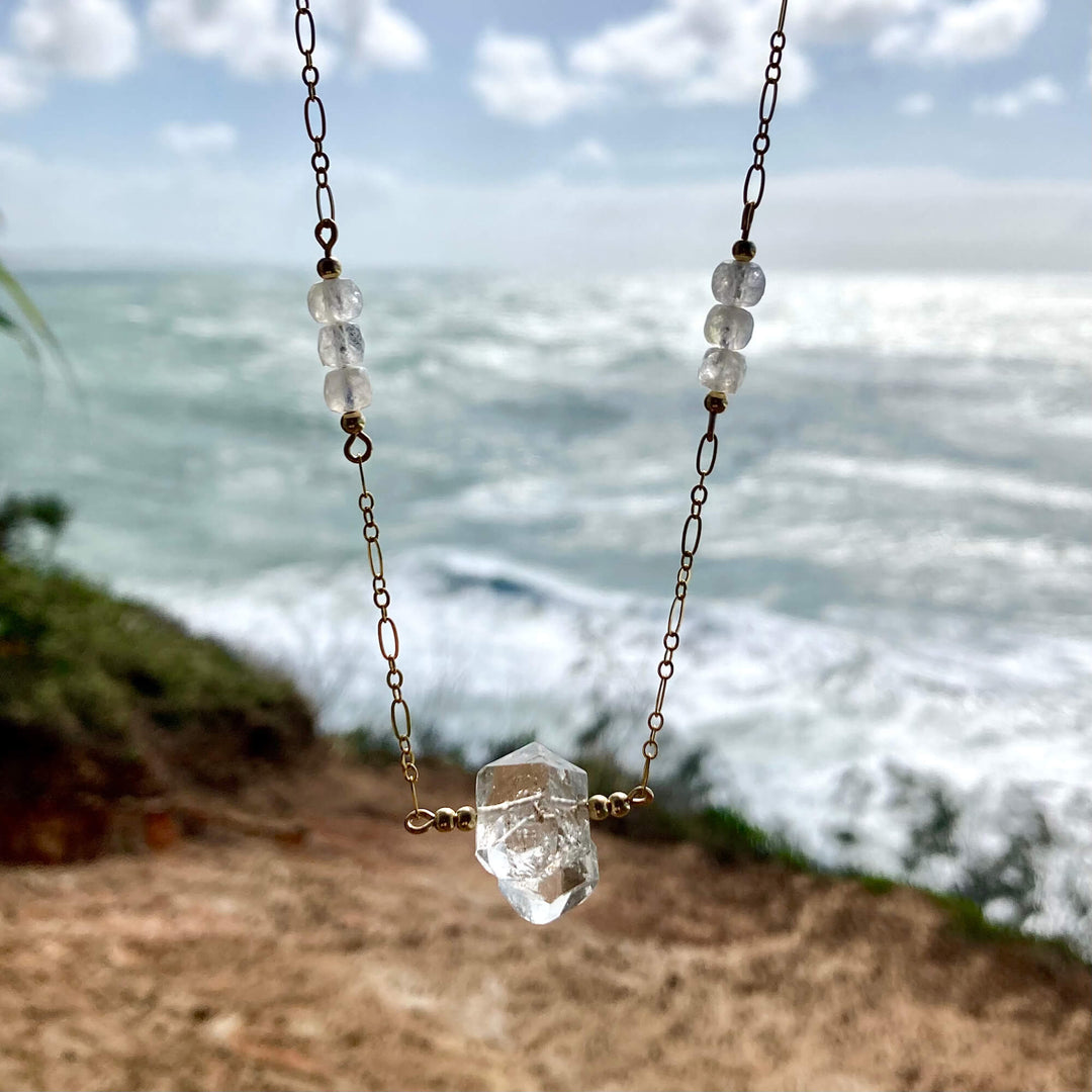 Golden Herkimer Diamond and Moonstone Chain Necklace