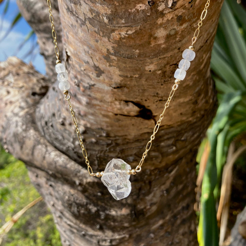 Golden Herkimer Diamond and Moonstone Chain Necklace