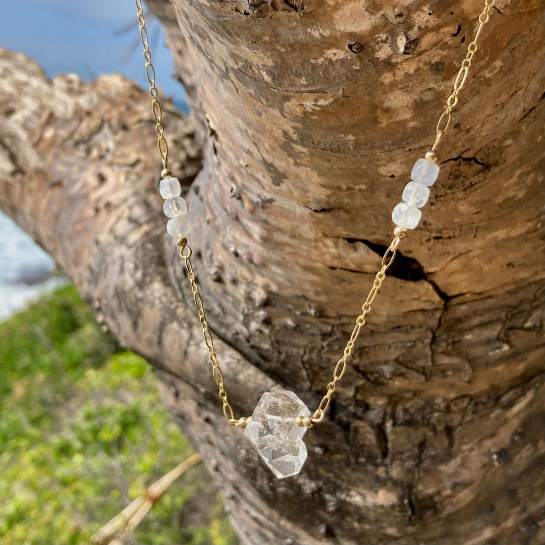 Golden Herkimer Diamond and Moonstone Chain Necklace