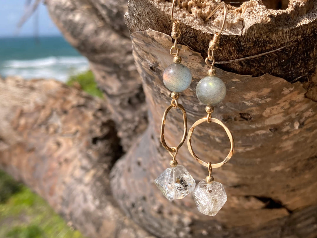 Golden Herkimer Diamond & Labradorite Pendant Earrings