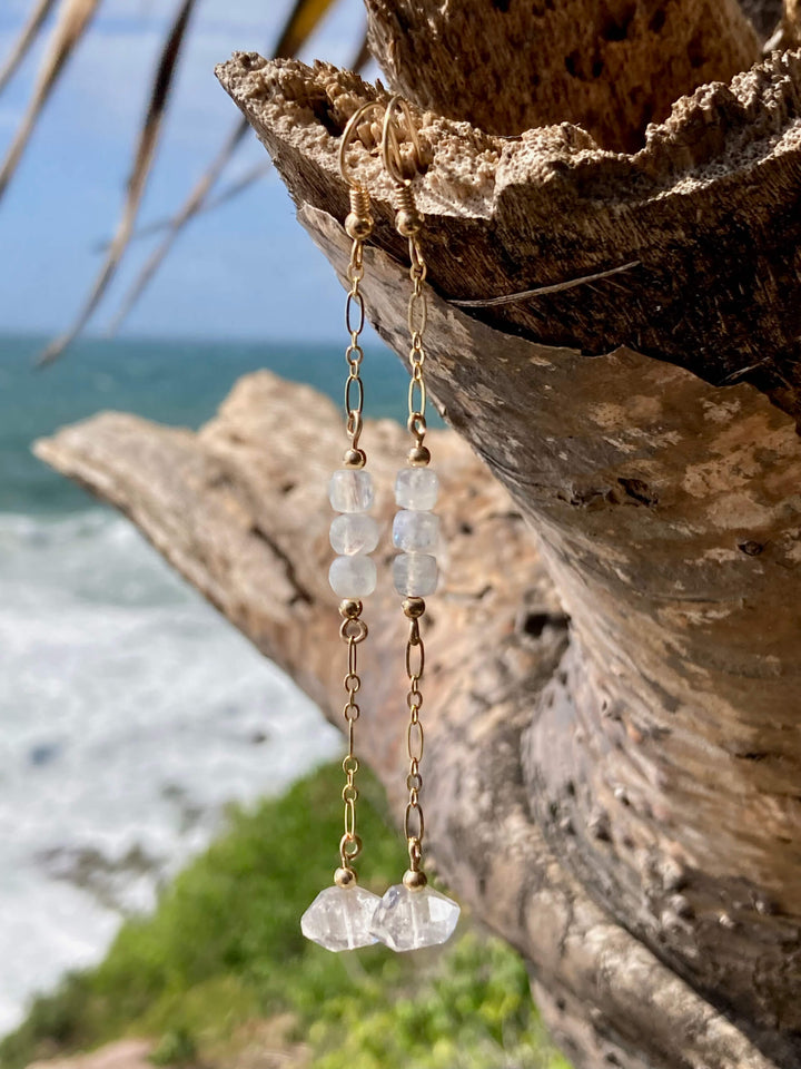 Golden Herkimer Diamond and Moonstone Chain Earrings