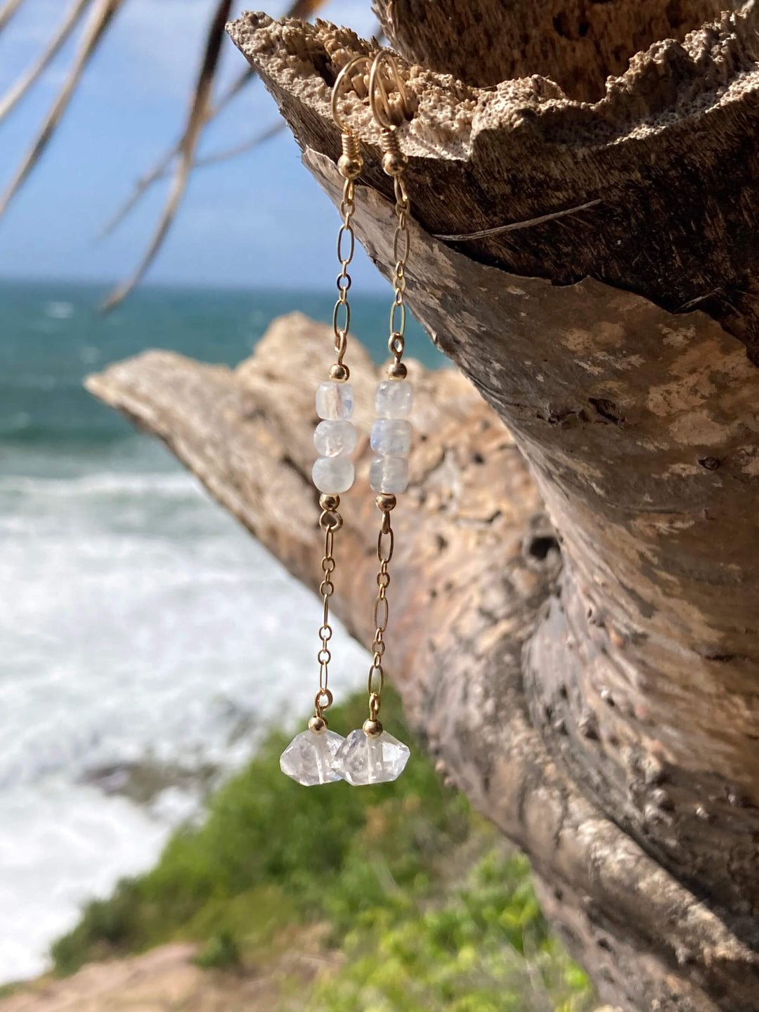 Golden Herkimer Diamond and Moonstone Chain Earrings