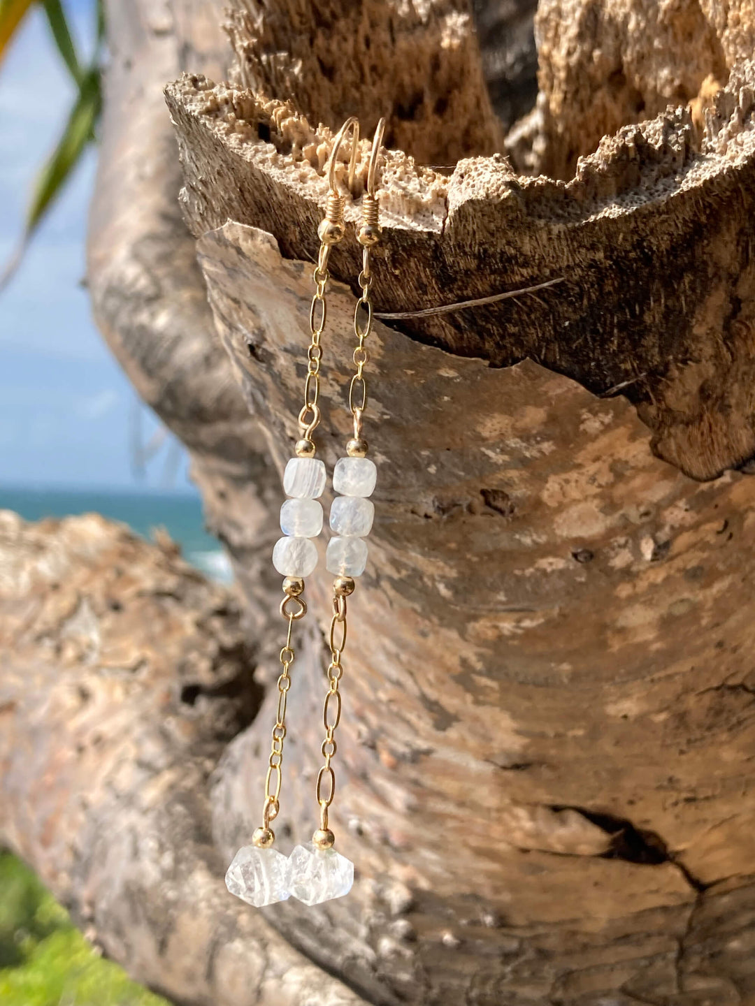 Golden Herkimer Diamond and Moonstone Chain Earrings