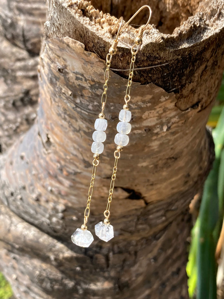 Golden Herkimer Diamond and Moonstone Chain Earrings