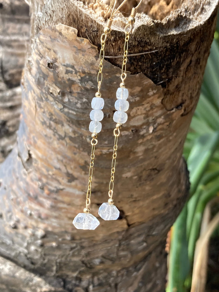 Golden Herkimer Diamond and Moonstone Chain Earrings