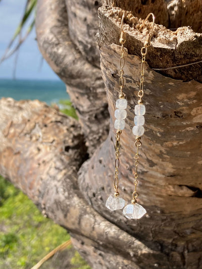 Golden Herkimer Diamond and Moonstone Chain Earrings