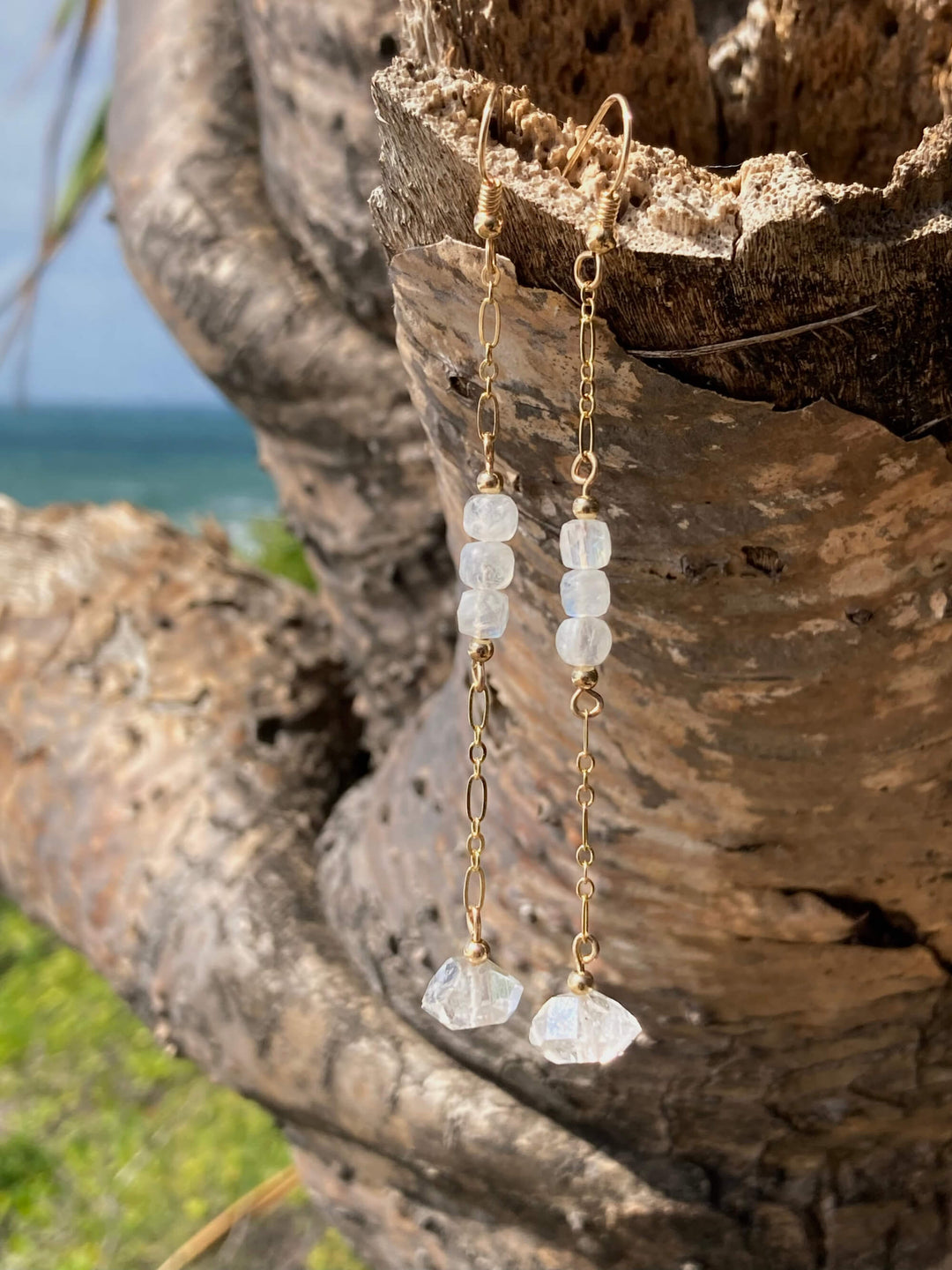 Golden Herkimer Diamond and Moonstone Chain Earrings