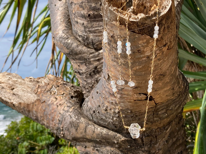 Golden Herkimer Diamond and Moonstone Chain Necklace