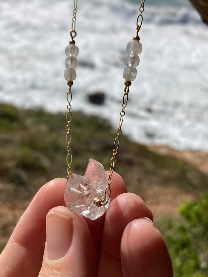 Golden Herkimer Diamond and Moonstone Chain Necklace