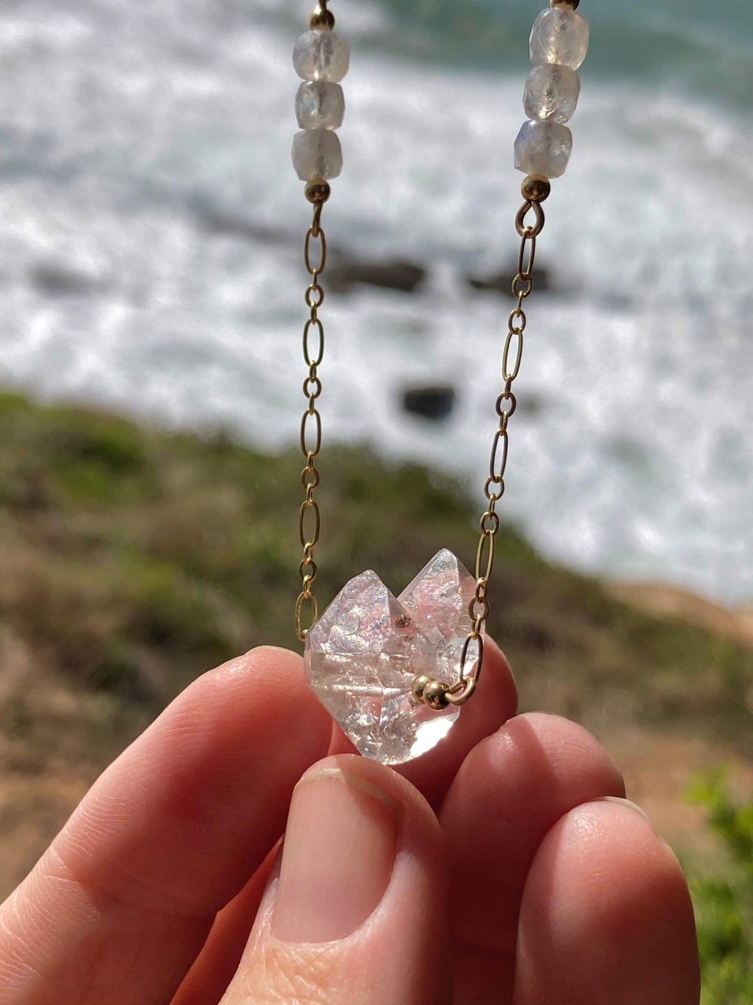 Golden Herkimer Diamond and Moonstone Chain Necklace