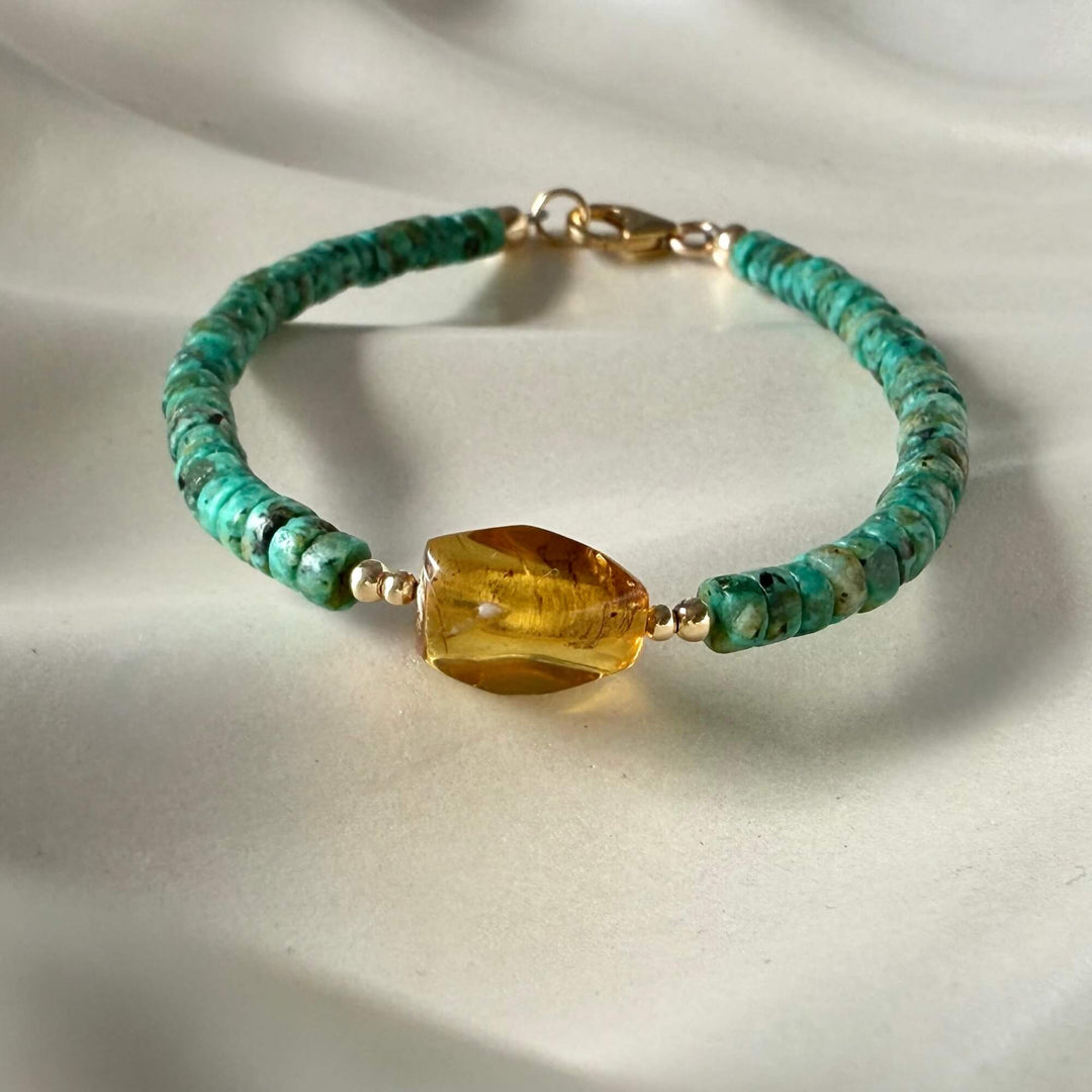 African Turquoise & Amber Gold Bracelet