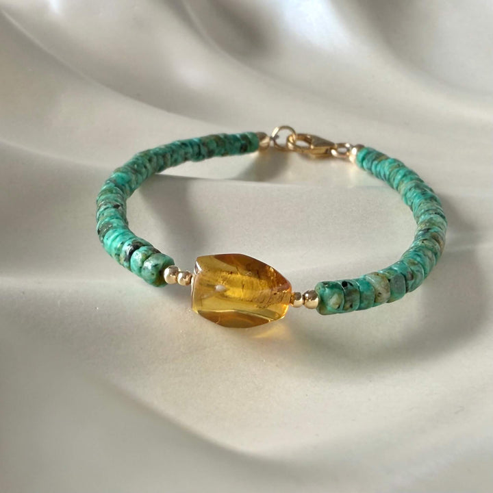 African Turquoise & Amber Gold Bracelet