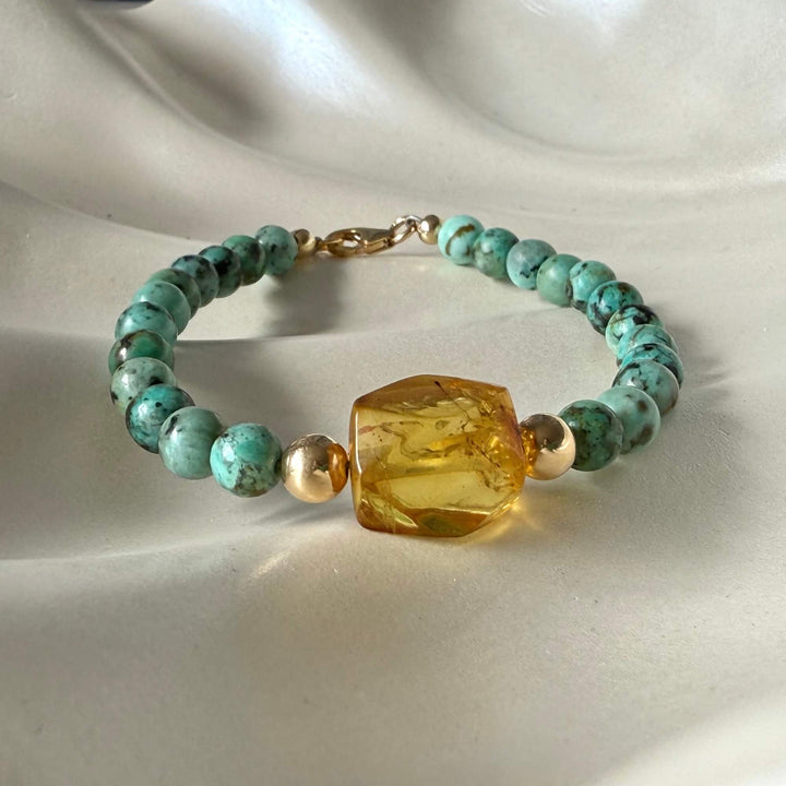 African Turquoise & Amber Gold Bracelet