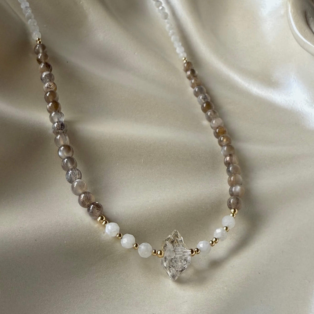 Golden Herkimer, Black Moonstone & Moonstone Necklace