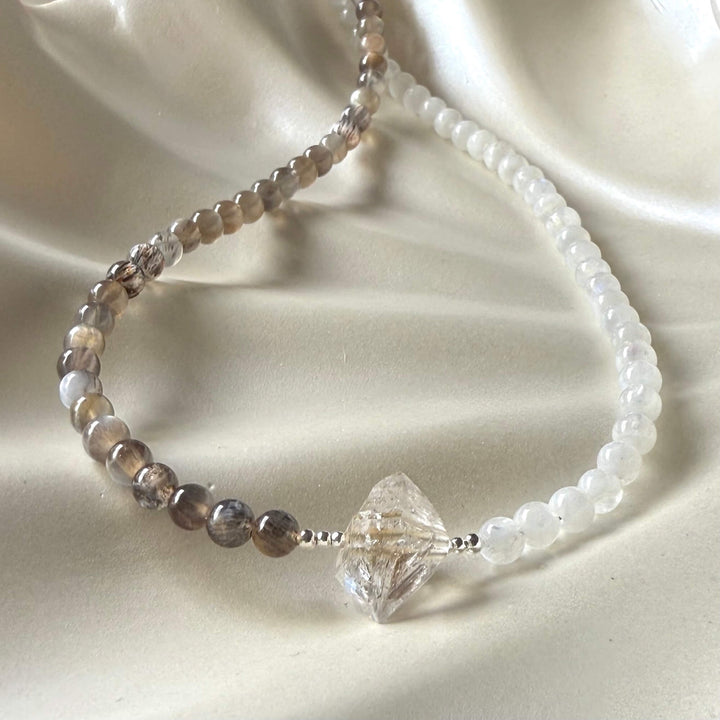 Duality Herkimer, Black Moonstone & Moonstone Necklace