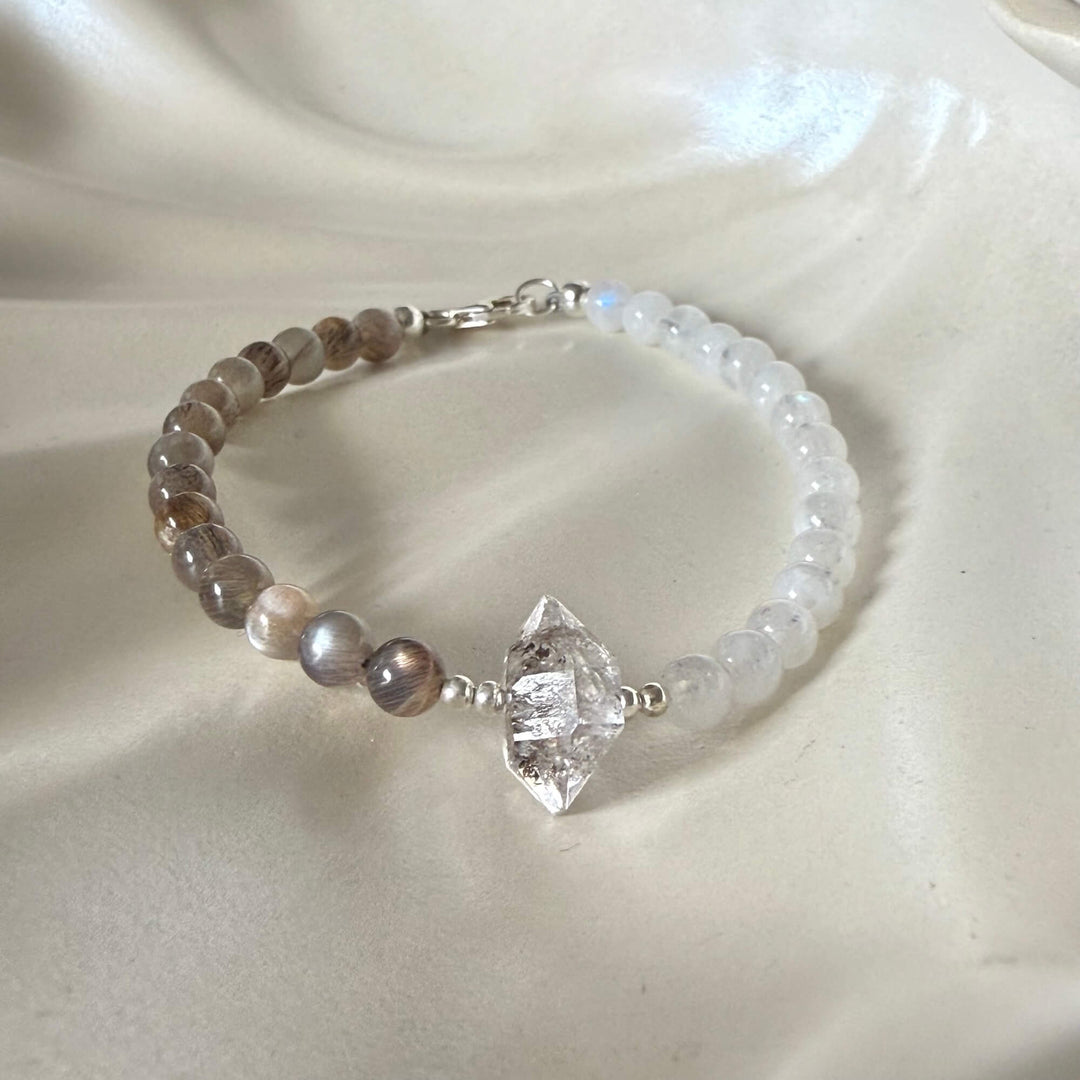 Duality Herkimer, Black Moonstone & Moonstone Bracelet