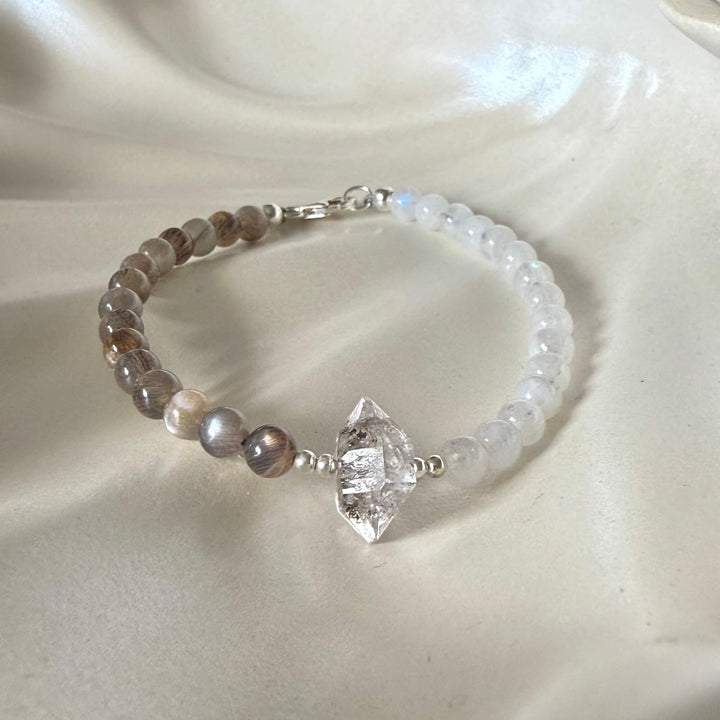 Duality Herkimer, Black Moonstone & Moonstone Bracelet