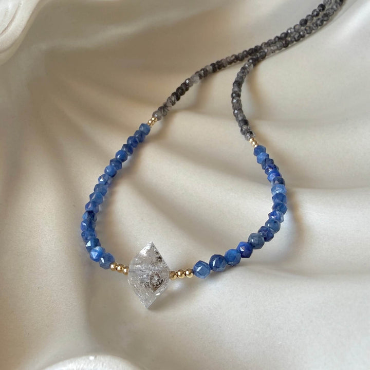Herkimer Diamond, Kyanite and Tourmalinated Quartz Golden Necklace