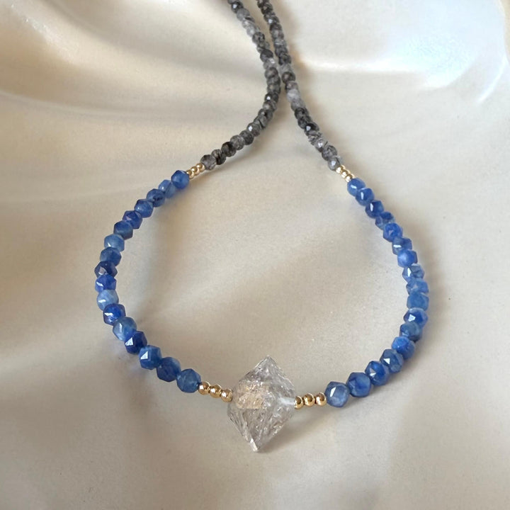 Herkimer Diamond, Kyanite and Tourmalinated Quartz Golden Necklace