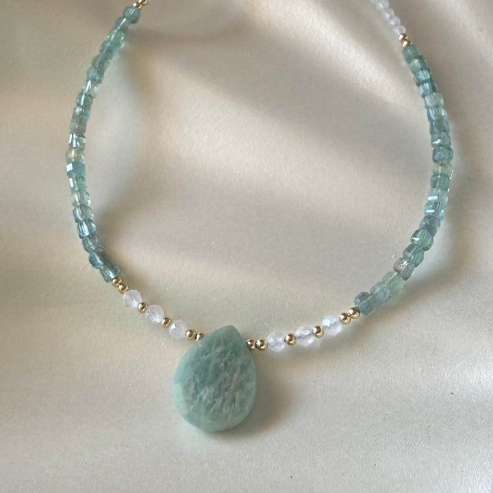 Lemurian Dreaming Amazonite, Apatite & Moonstone Gold Necklace