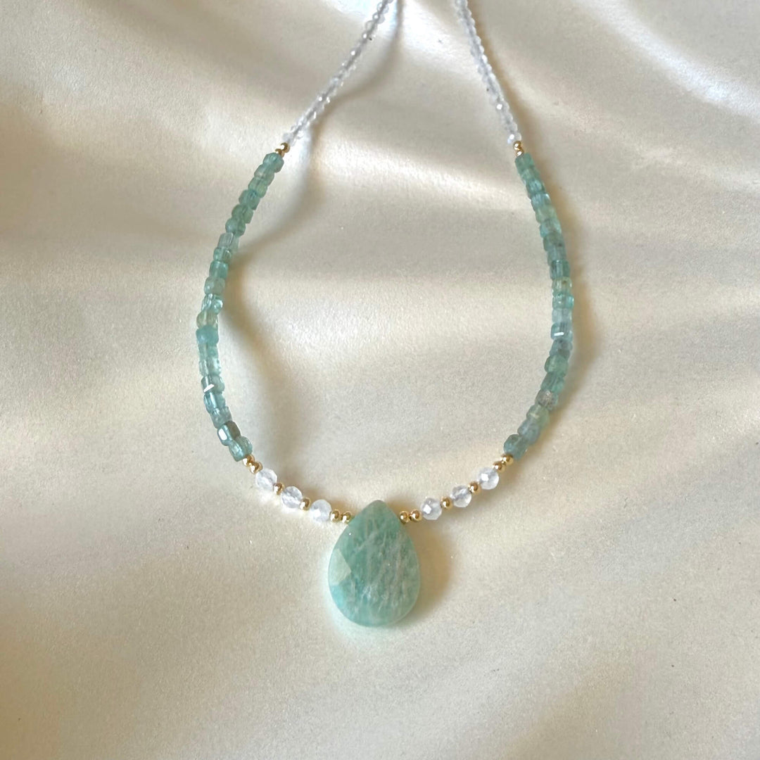 Lemurian Dreaming Amazonite, Apatite & Moonstone Gold Necklace
