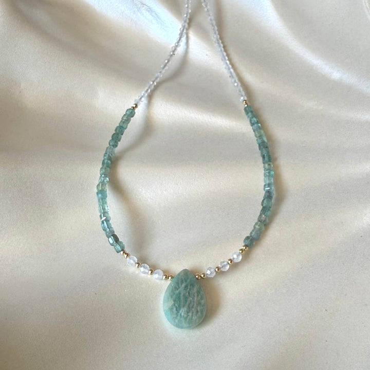 Lemurian Dreaming Amazonite, Apatite & Moonstone Gold Necklace