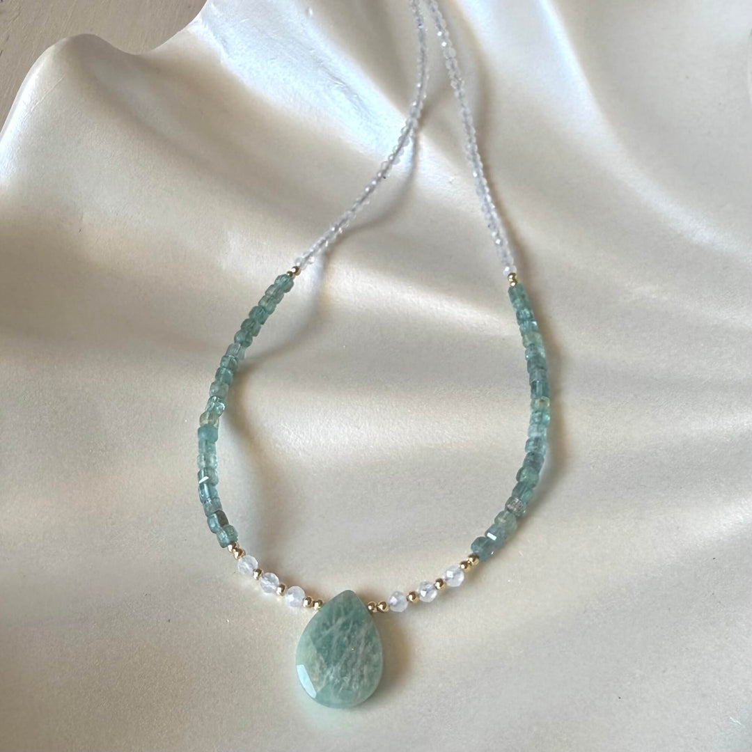 Lemurian Dreaming Amazonite, Apatite & Moonstone Gold Necklace