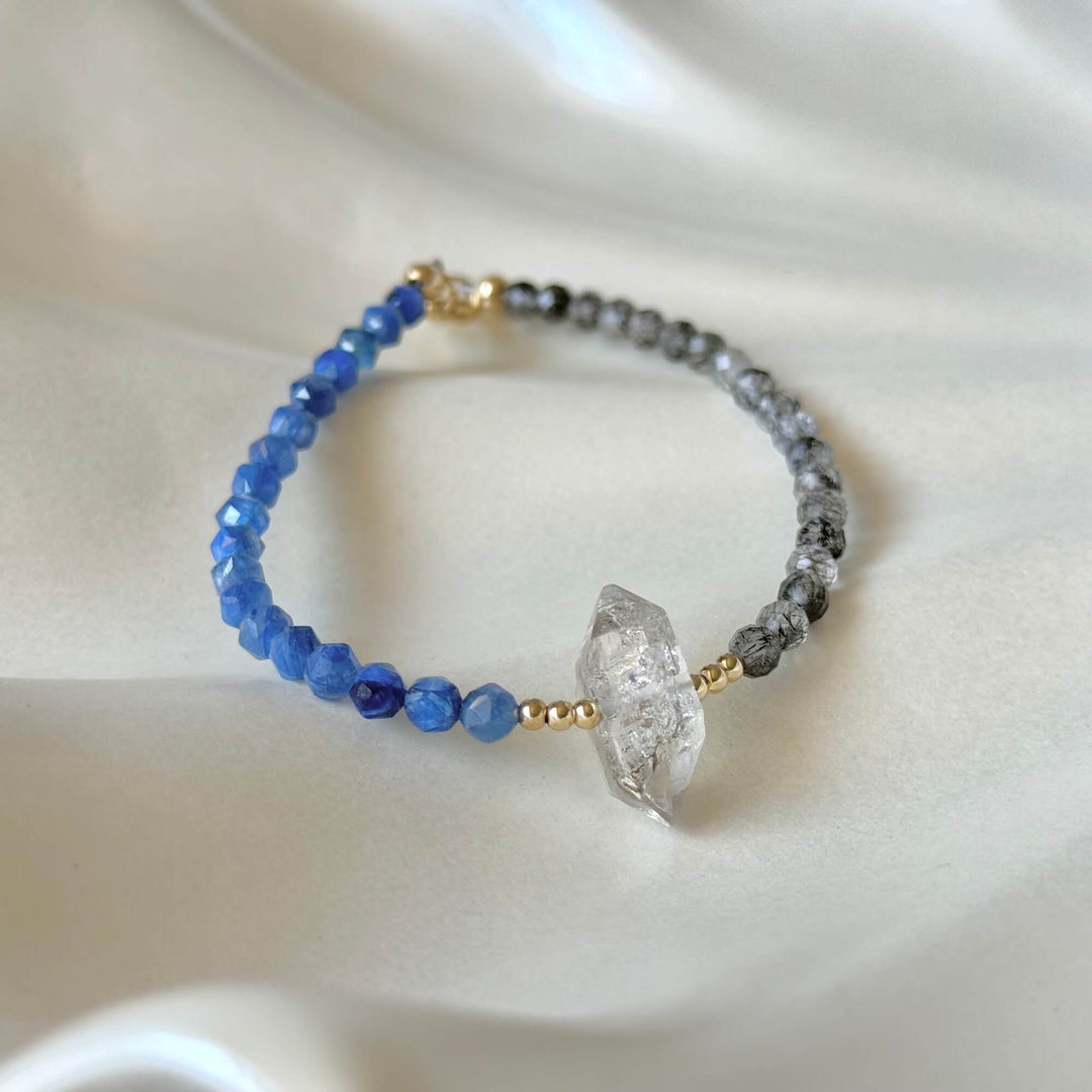 Herkimer Diamond, Kyanite and Tourmalinated Quartz Golden Bracelet
