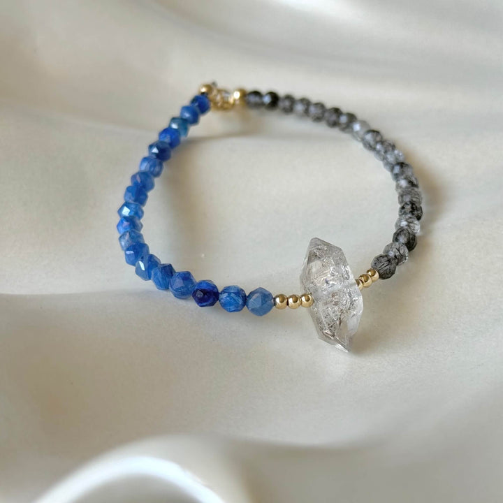 Herkimer Diamond, Kyanite and Tourmalinated Quartz Golden Bracelet
