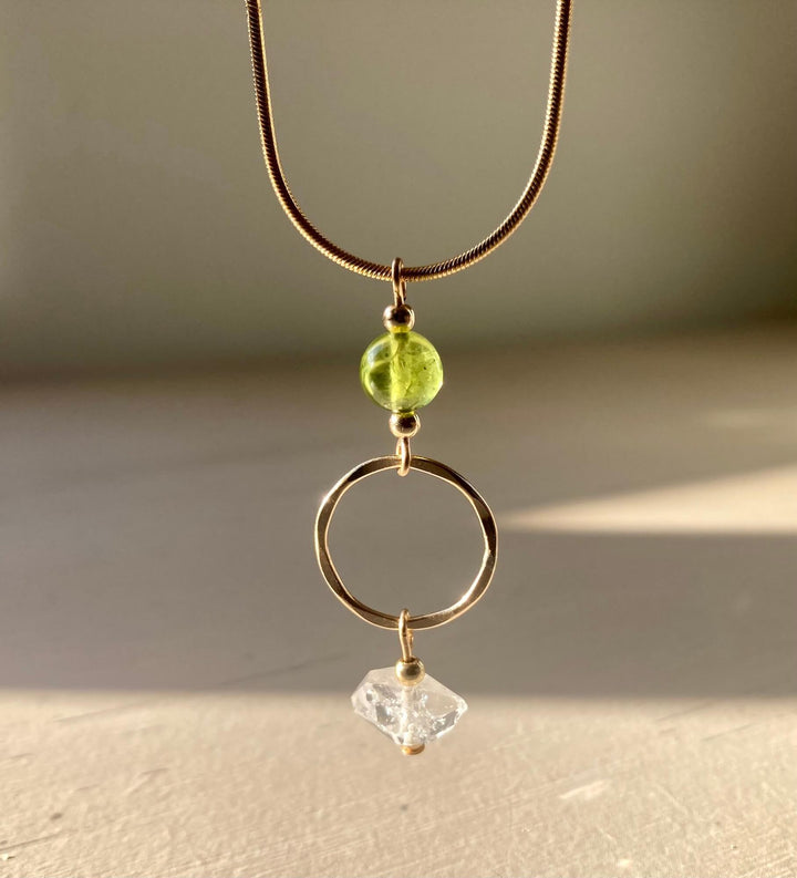 Golden Peridot & Herkimer Diamond Pendant Necklace