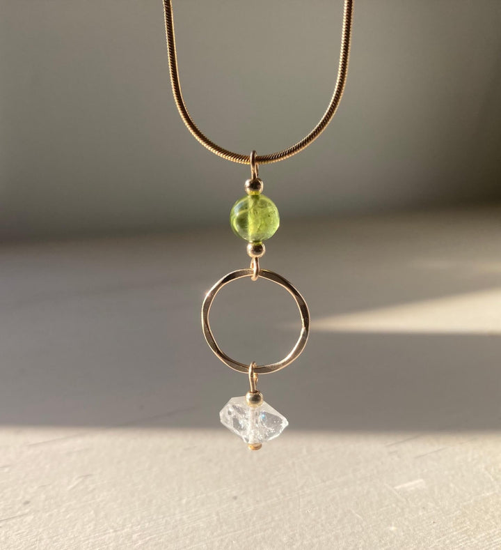 Golden Peridot & Herkimer Diamond Pendant Necklace