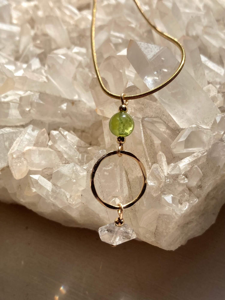 Golden Peridot & Herkimer Diamond Pendant Necklace