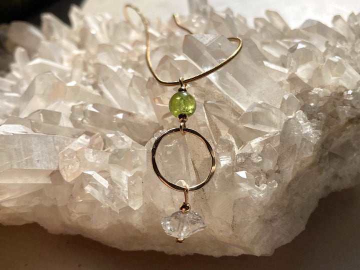 Golden Peridot & Herkimer Diamond Pendant Necklace