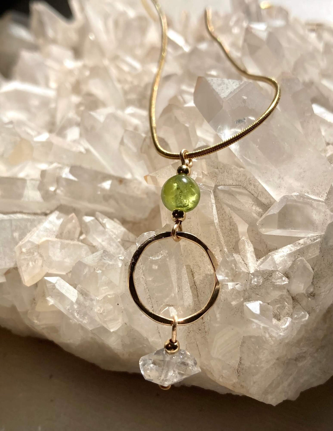 Golden Peridot & Herkimer Diamond Pendant Necklace