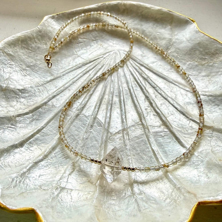 Golden Seeker Of Light Herkimer Diamond & Rutilated Quartz Necklace